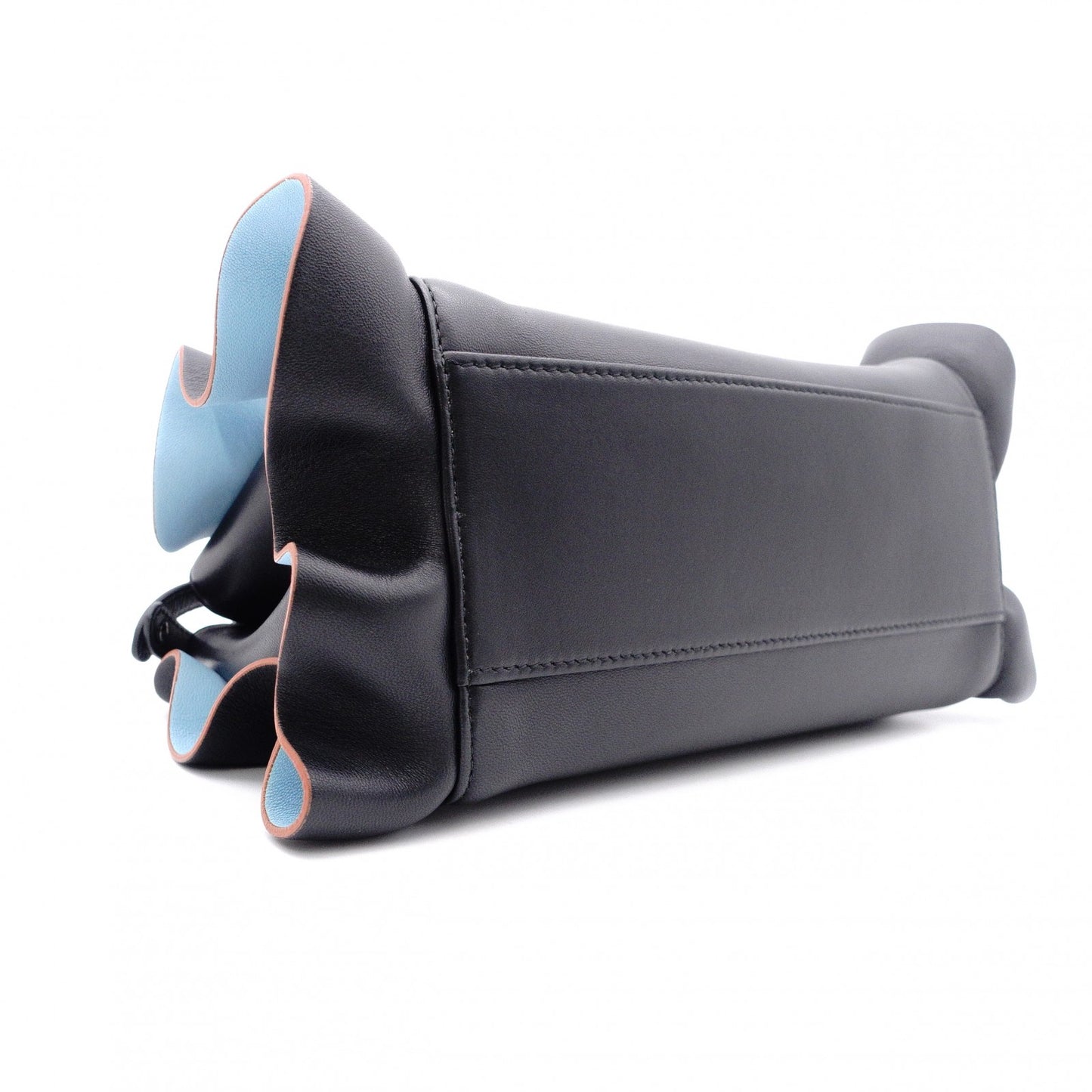 FENDI Mini Peekaboo Handbag, Leather, Black, 2-way, with blue ruffle, crossbody