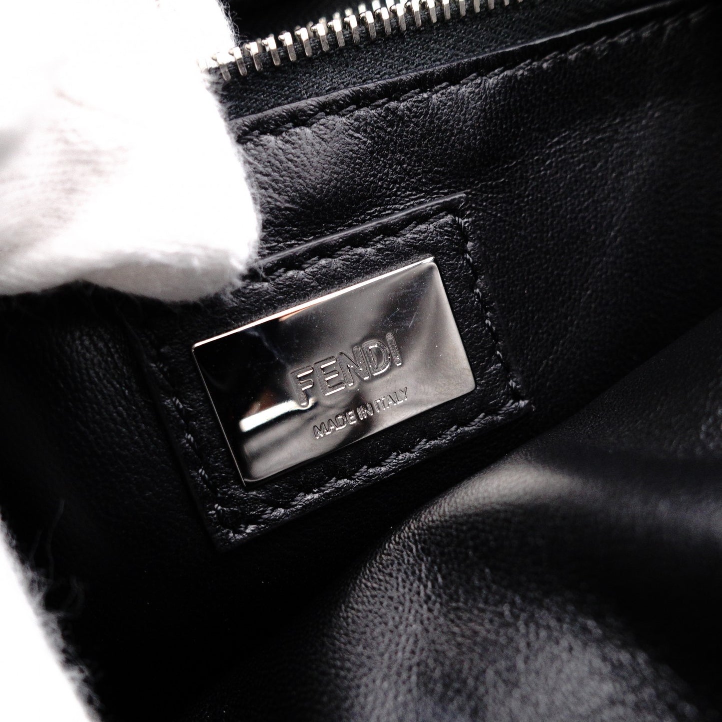FENDI Mini Peekaboo Handbag, Leather, Black, 2-way, with blue ruffle, crossbody