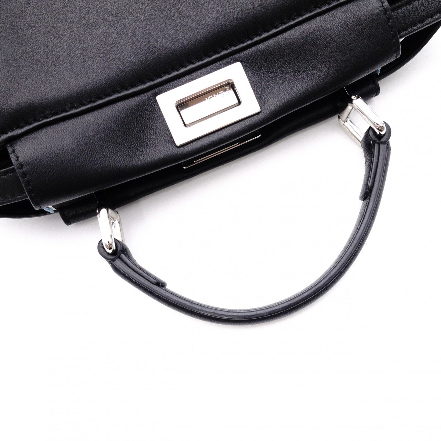 FENDI Mini Peekaboo Handbag, Leather, Black, 2-way, with blue ruffle, crossbody