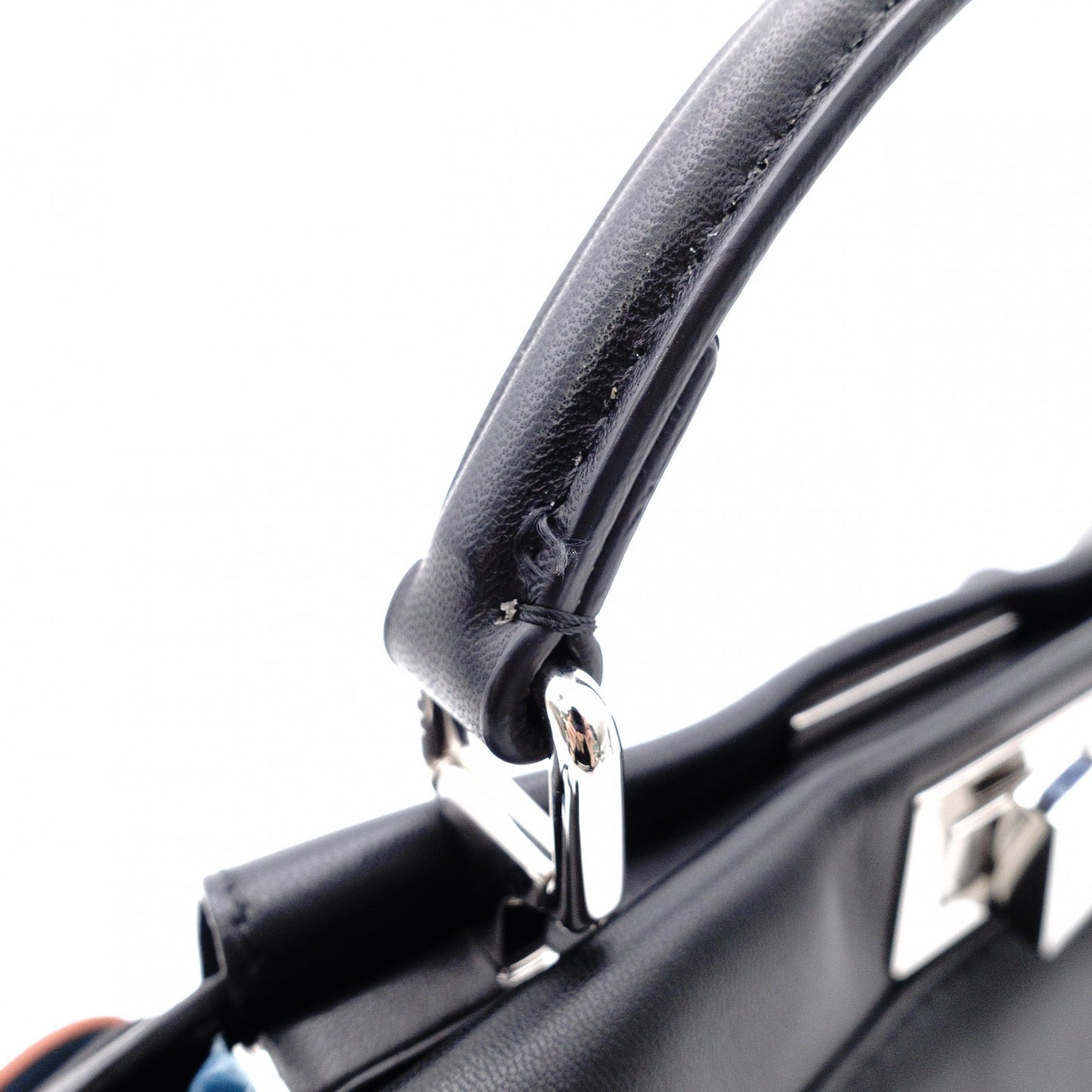 FENDI Mini Peekaboo Handbag, Leather, Black, 2-way, with blue ruffle, crossbody