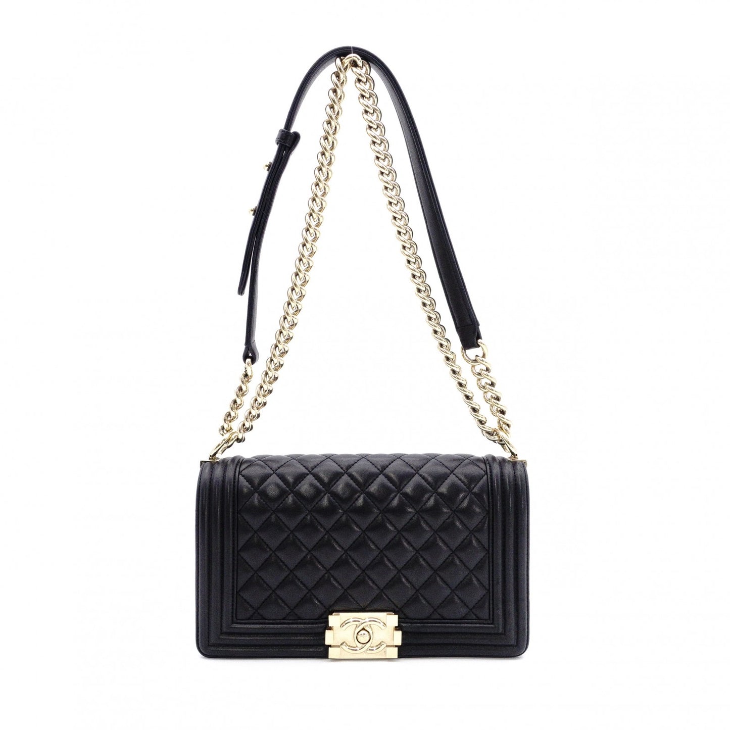 CHANEL Lambskin Boy Chanel 25 Shoulder Bag, Leather, Black with Gold Hardware