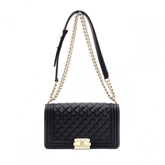 CHANEL Lambskin Boy Chanel 25 Shoulder Bag, Leather, Black with Gold Hardware