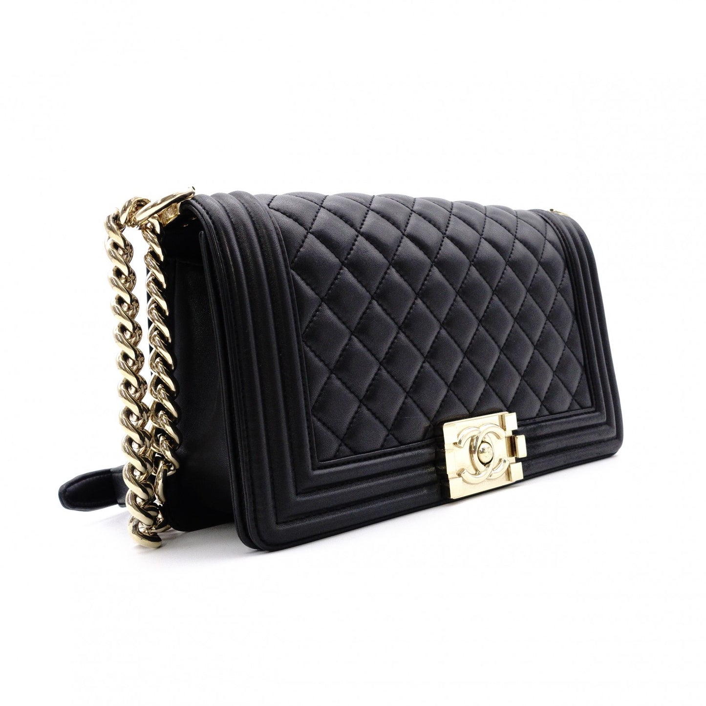 CHANEL Lambskin Boy Chanel 25 Shoulder Bag, Leather, Black with Gold Hardware