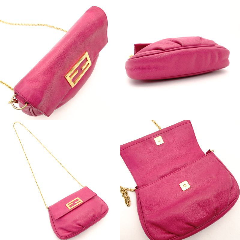 FENDI Mamma Chain Shoulder Bag Pink Leather Crossbody FF Logo Gold Hardware R801581