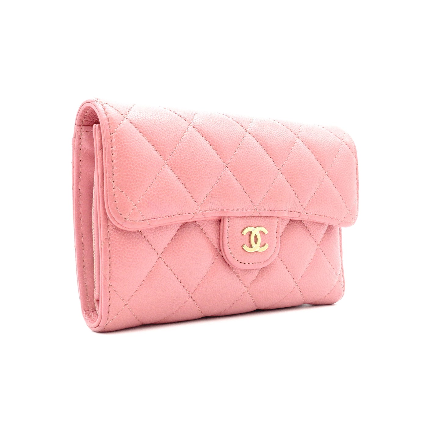 CHANEL Caviar Skin Matelassé Long Wallet, Leather, Pink, CC Logo, Gold Hardware, Foldable Wallet