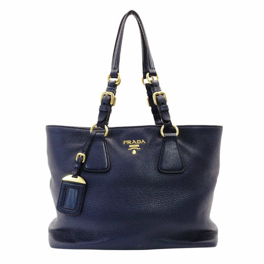 PRADA VITELLO DINY Tote Bag Leather Navy Blue Blue Shoulder Gold Hardware R801158