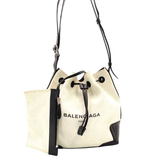 Balenciaga Navy Bucket Shoulder Bag Canvas Beige × Black Crossbody Leather 7-12-477