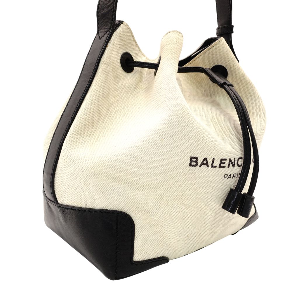 Balenciaga Navy Bucket Shoulder Bag Canvas Beige × Black Crossbody Leather 7-12-477
