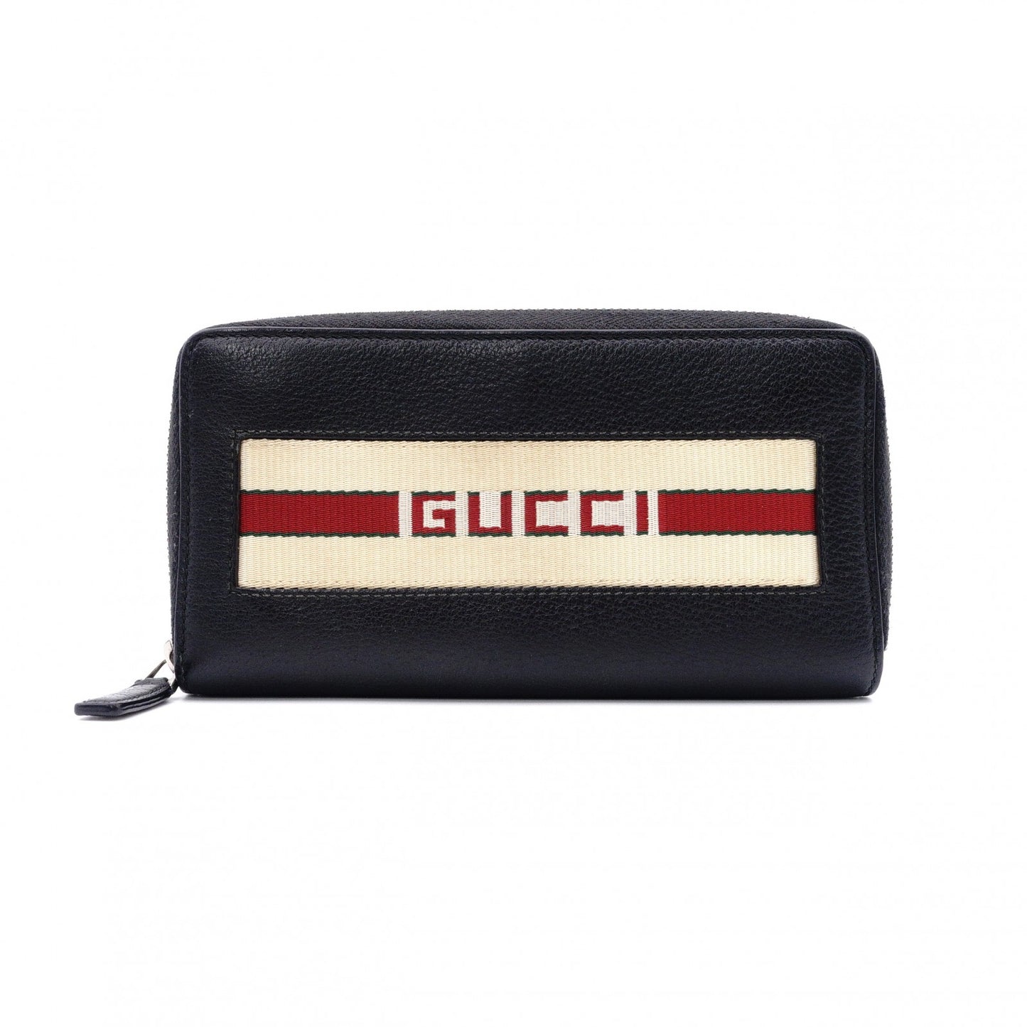 GUCCI Round-Zip Striped Leather Long Wallet, Black