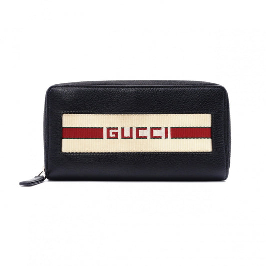 GUCCI Round-Zip Striped Leather Long Wallet, Black