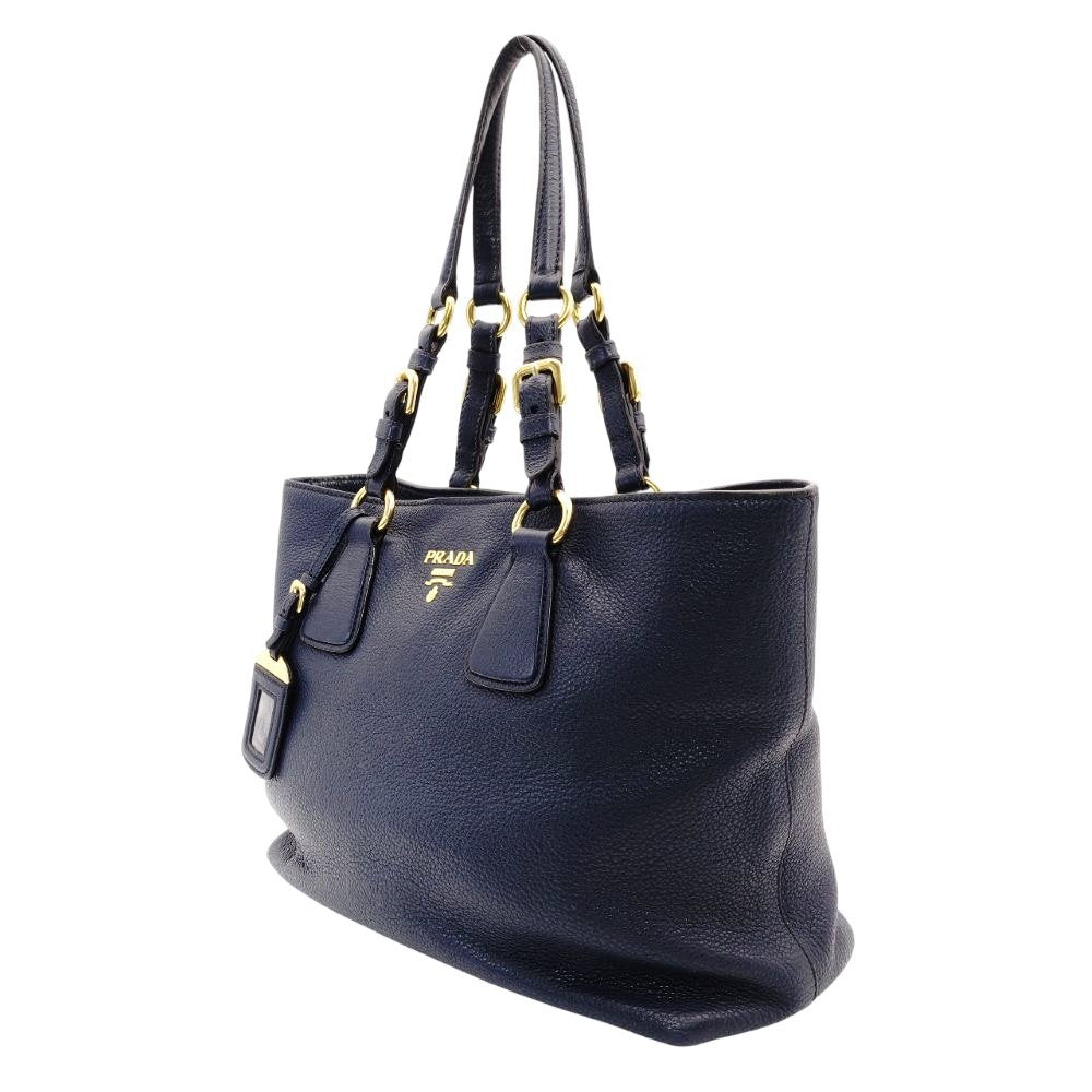 PRADA VITELLO DINY Tote Bag Leather Navy Blue Blue Shoulder Gold Hardware R801158