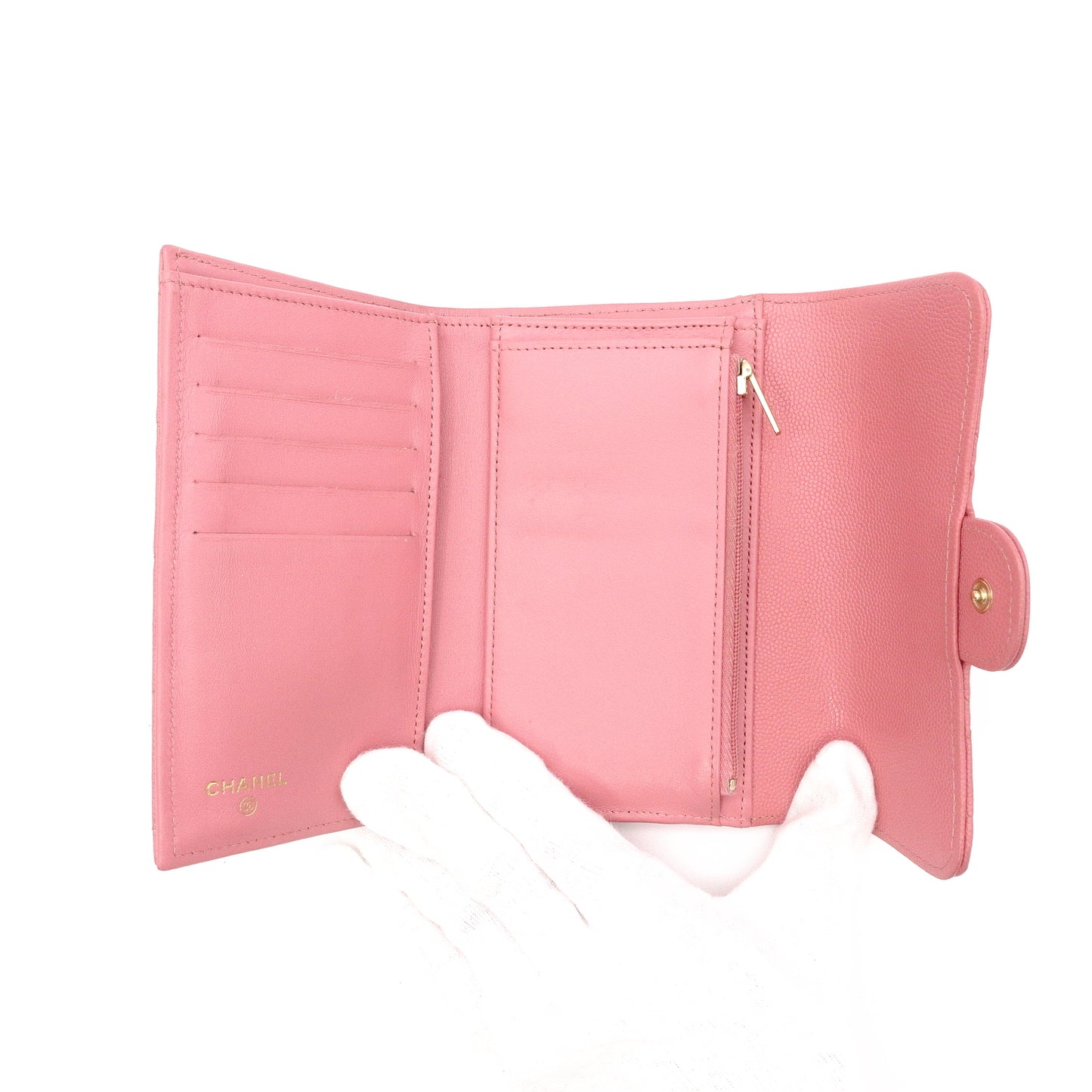 CHANEL Caviar Skin Matelassé Long Wallet, Leather, Pink, CC Logo, Gold Hardware, Foldable Wallet