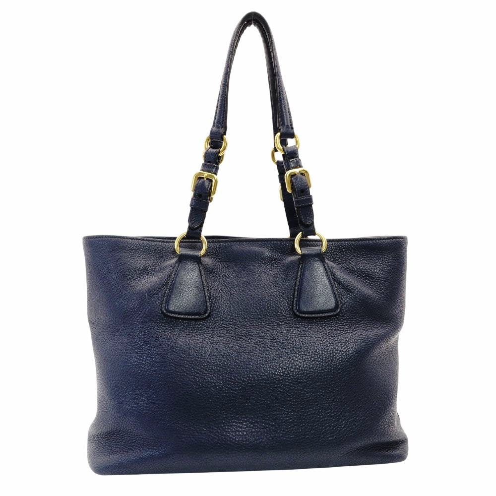 PRADA VITELLO DINY Tote Bag Leather Navy Blue Blue Shoulder Gold Hardware R801158