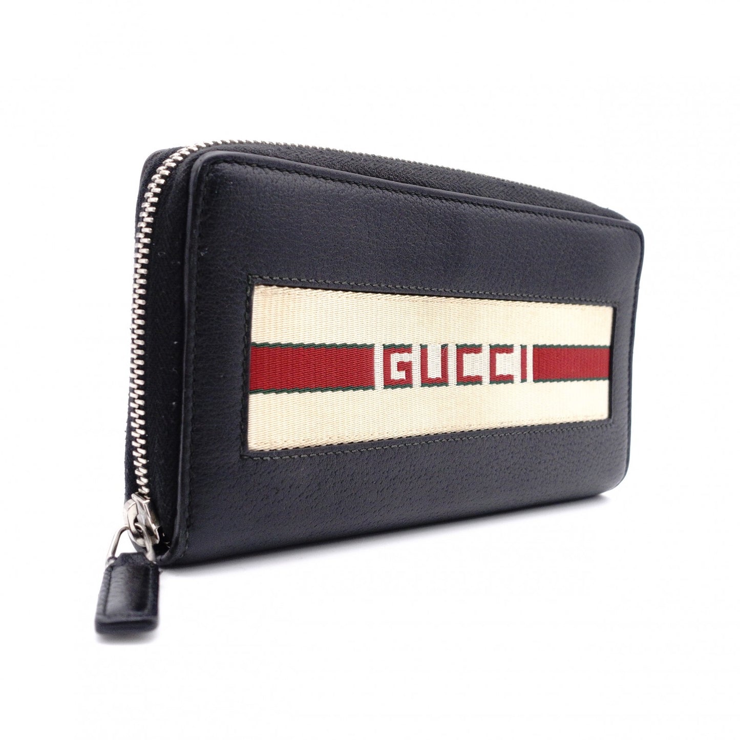 GUCCI Round-Zip Striped Leather Long Wallet, Black