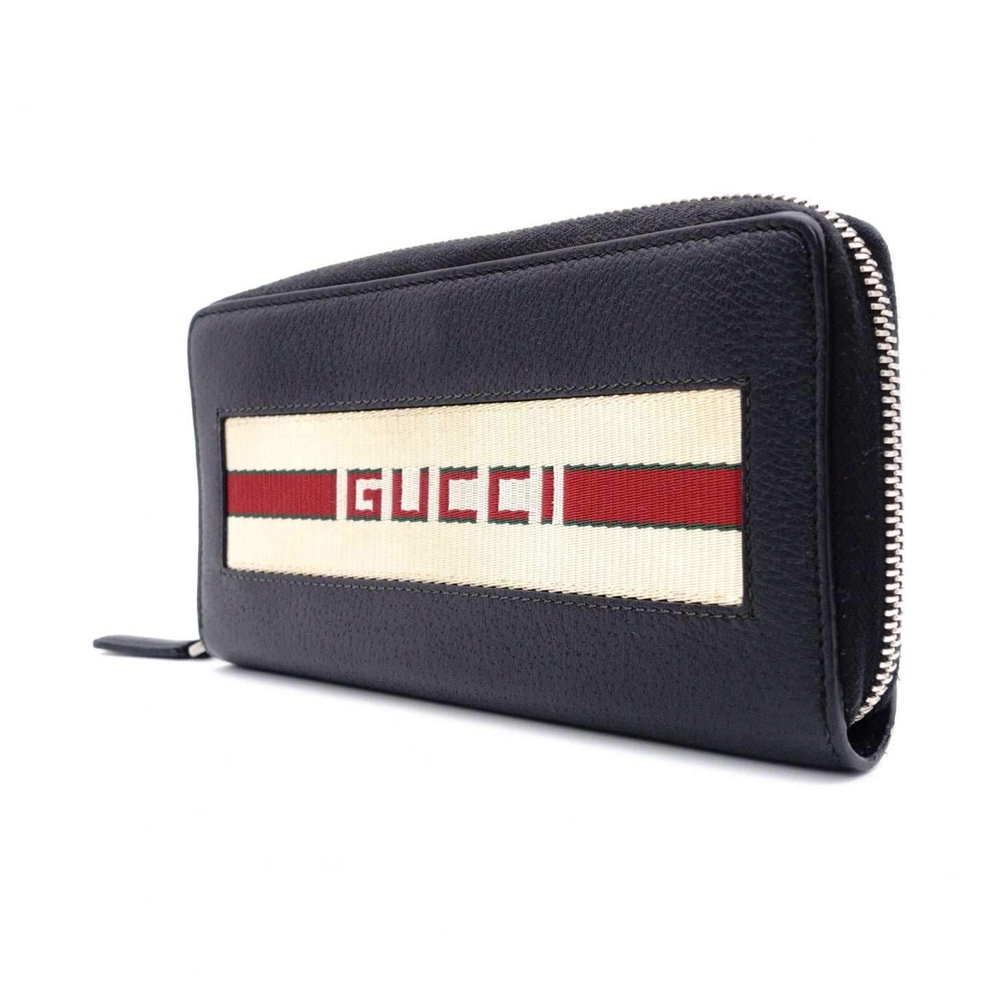 GUCCI Round-Zip Striped Leather Long Wallet, Black