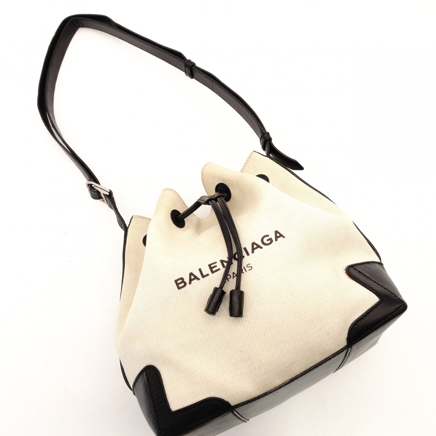 Balenciaga Navy Bucket Shoulder Bag Canvas Beige × Black Crossbody Leather 7-12-477