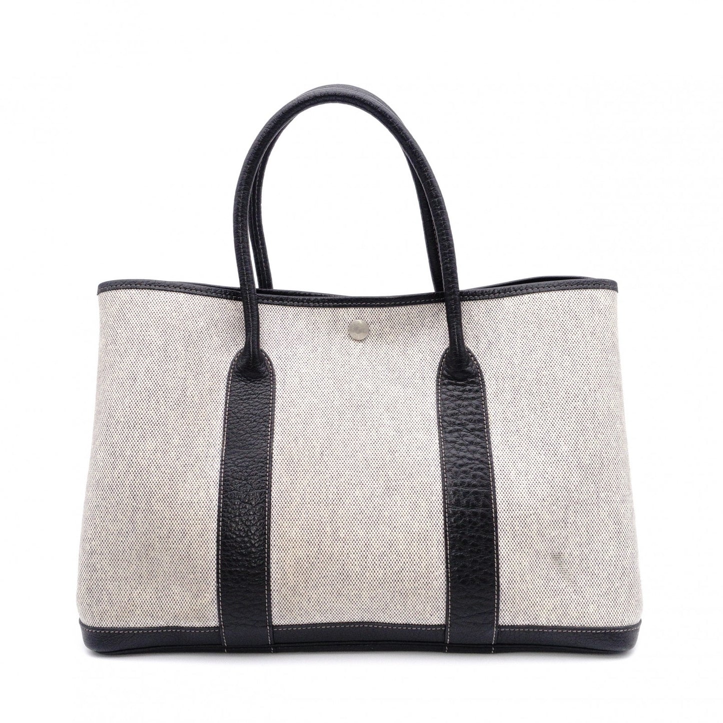 HERMES Garden Party PM Tote Bag, Canvas and Leather, Grey, with “F” Engraving