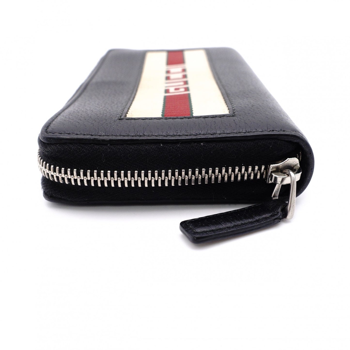 GUCCI Round-Zip Striped Leather Long Wallet, Black