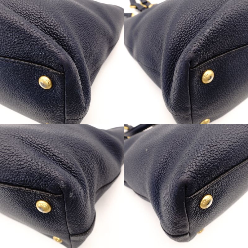 PRADA VITELLO DINY Tote Bag Leather Navy Blue Blue Shoulder Gold Hardware R801158