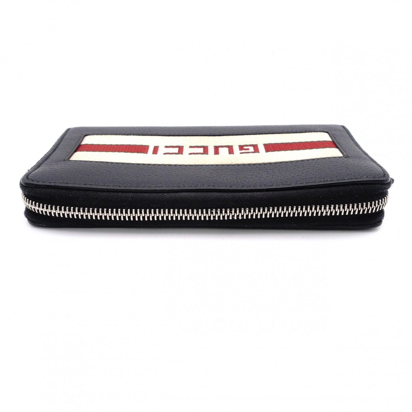 GUCCI Round-Zip Striped Leather Long Wallet, Black