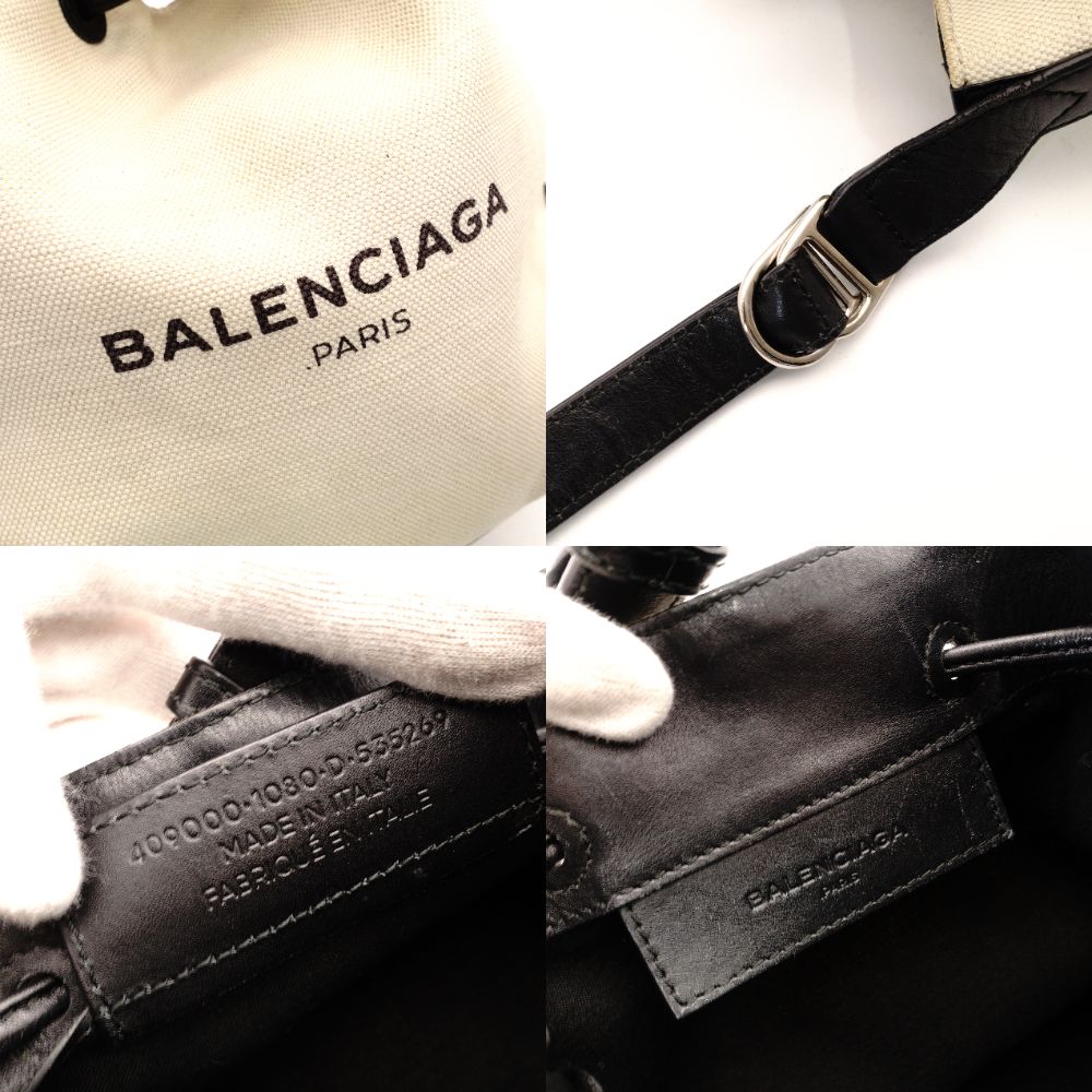 Balenciaga Navy Bucket Shoulder Bag Canvas Beige × Black Crossbody Leather 7-12-477
