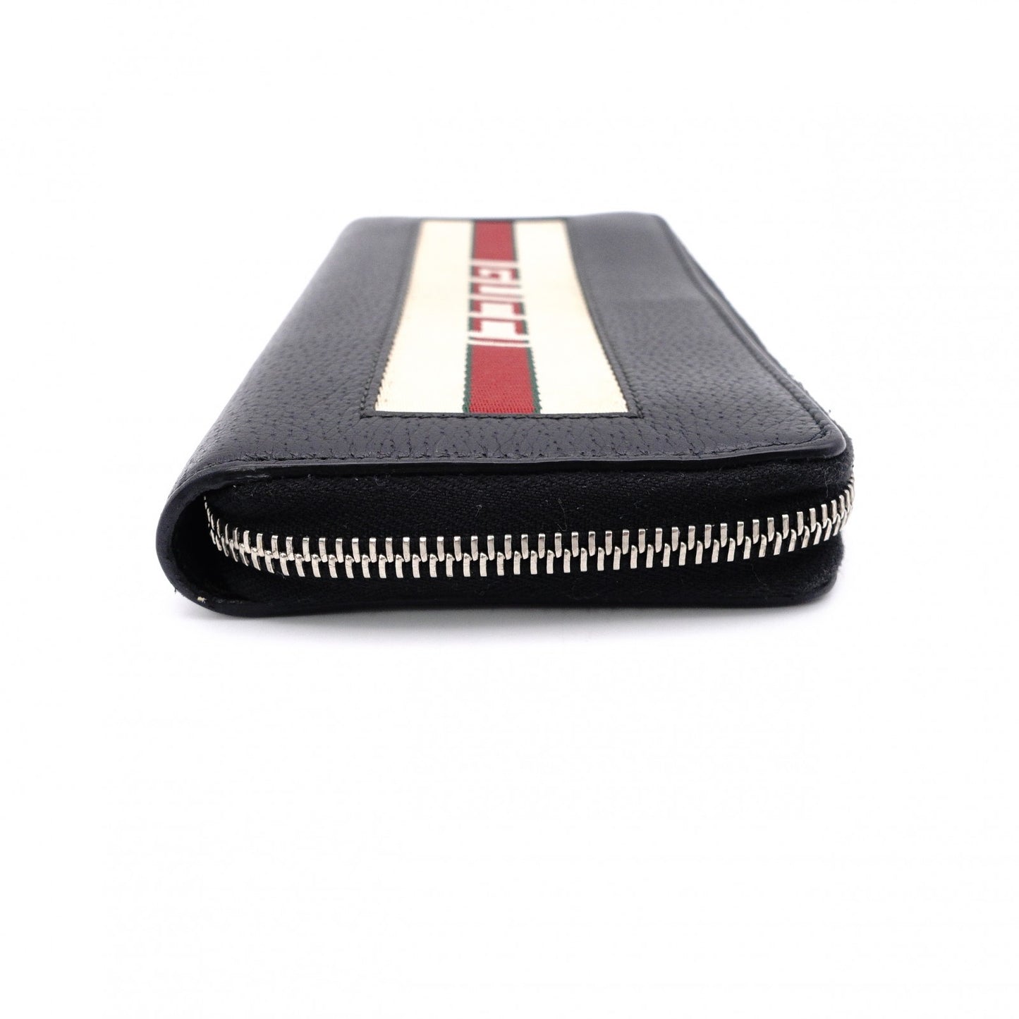 GUCCI Round-Zip Striped Leather Long Wallet, Black