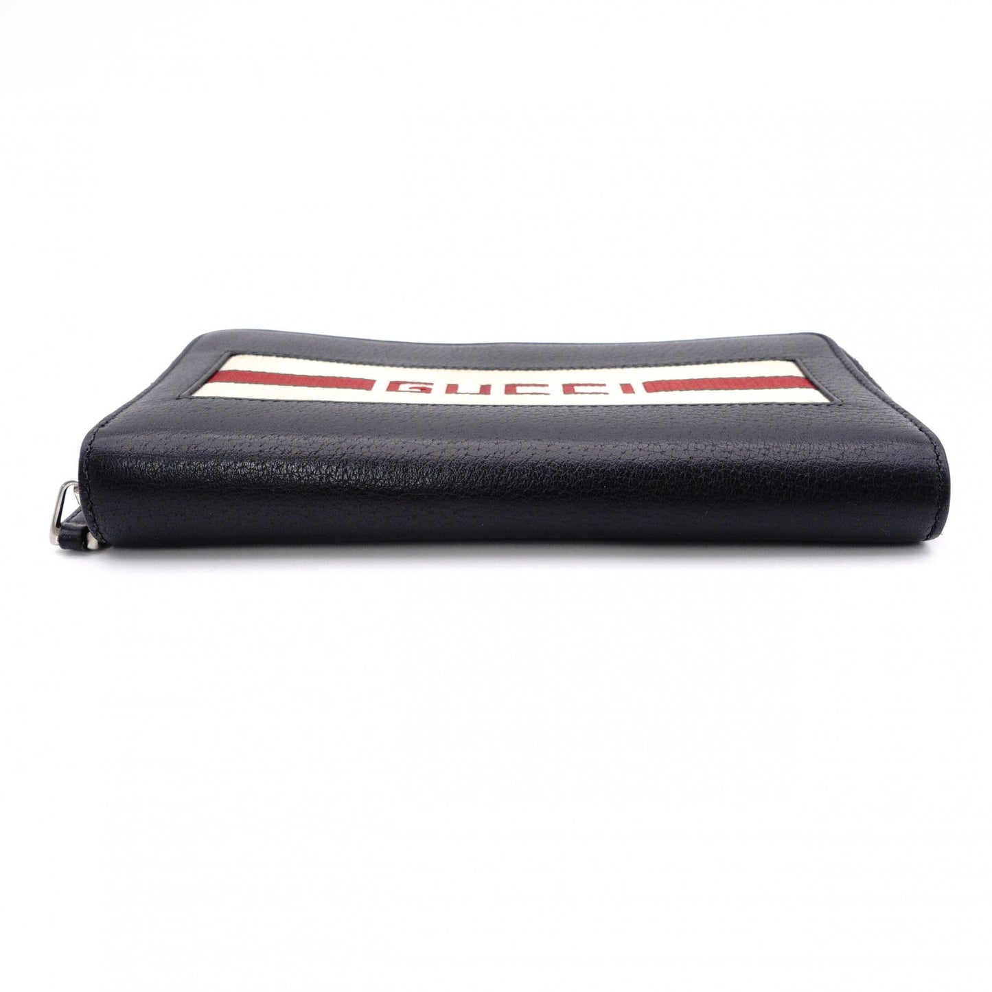 GUCCI Round-Zip Striped Leather Long Wallet, Black