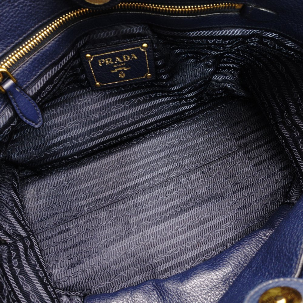 PRADA VITELLO DINY Tote Bag Leather Navy Blue Blue Shoulder Gold Hardware R801158