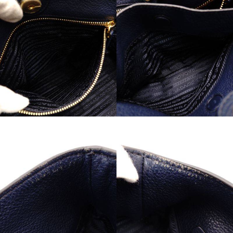 PRADA VITELLO DINY Tote Bag Leather Navy Blue Blue Shoulder Gold Hardware R801158