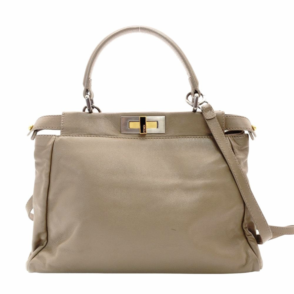 FENDI Peekaboo Handbag Greige 2-Way Shoulder Leather Gold Hardware R801609