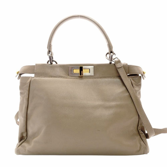 FENDI Peekaboo Handbag Greige 2-Way Shoulder Leather Gold Hardware R801609
