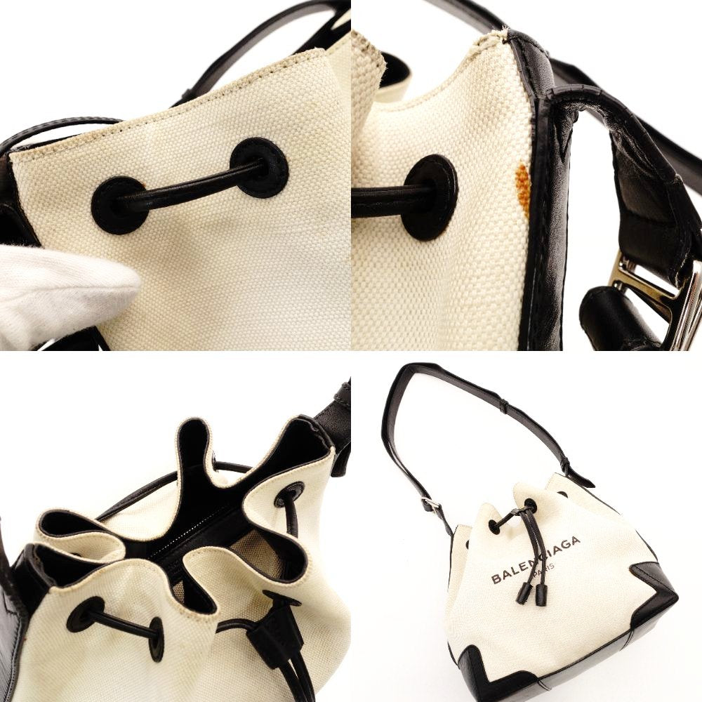 Balenciaga Navy Bucket Shoulder Bag Canvas Beige × Black Crossbody Leather 7-12-477