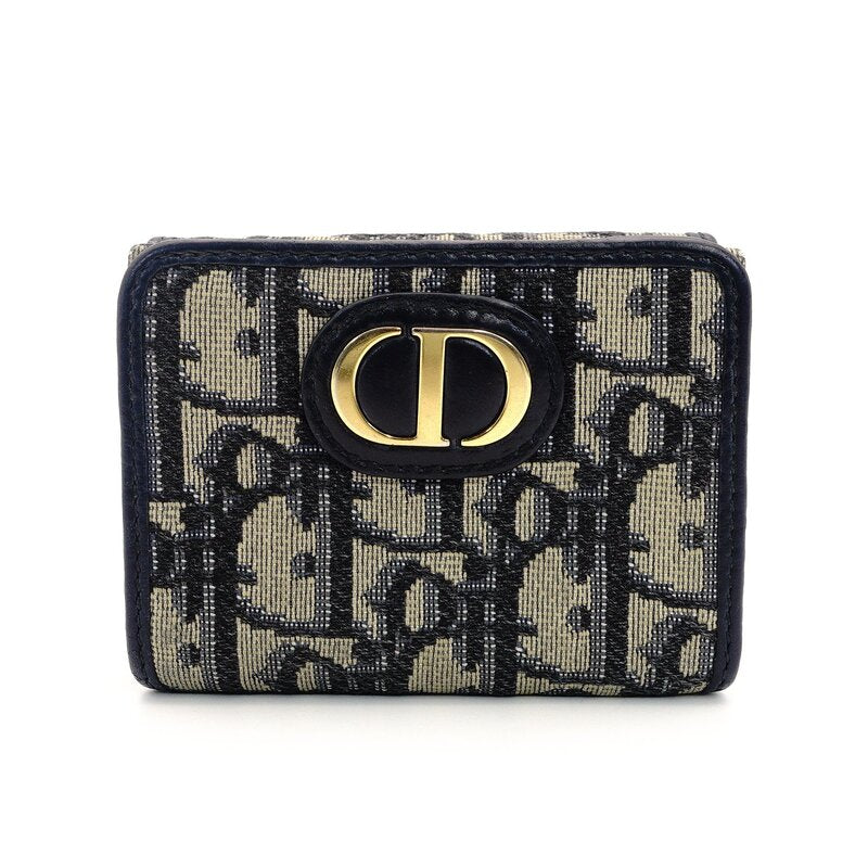 DIOR Trotter Tri-Fold Wallet Canvas Navy Mini Wallet Leather 7-9-423