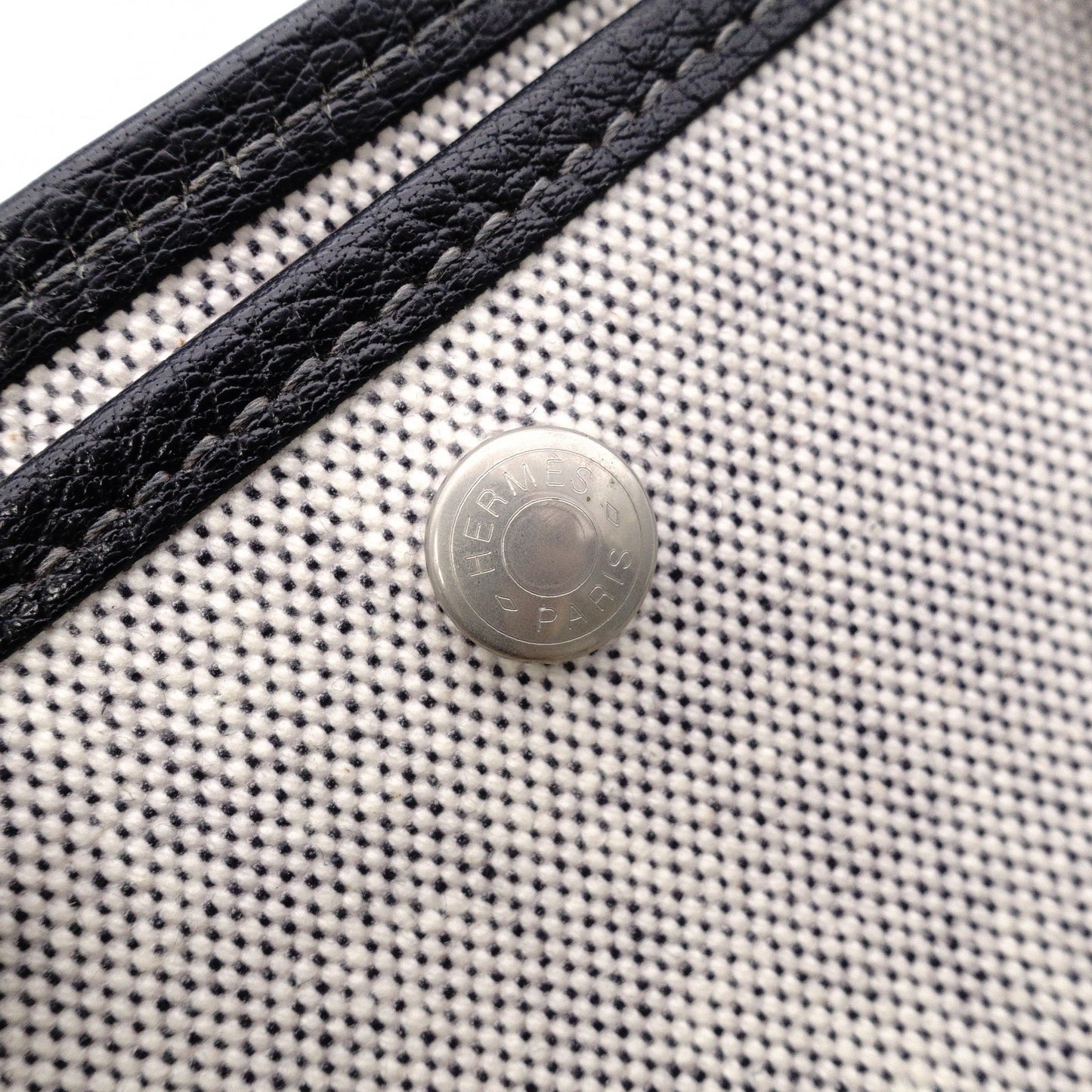 HERMES Garden Party PM Tote Bag, Canvas and Leather, Grey, with “F” Engraving