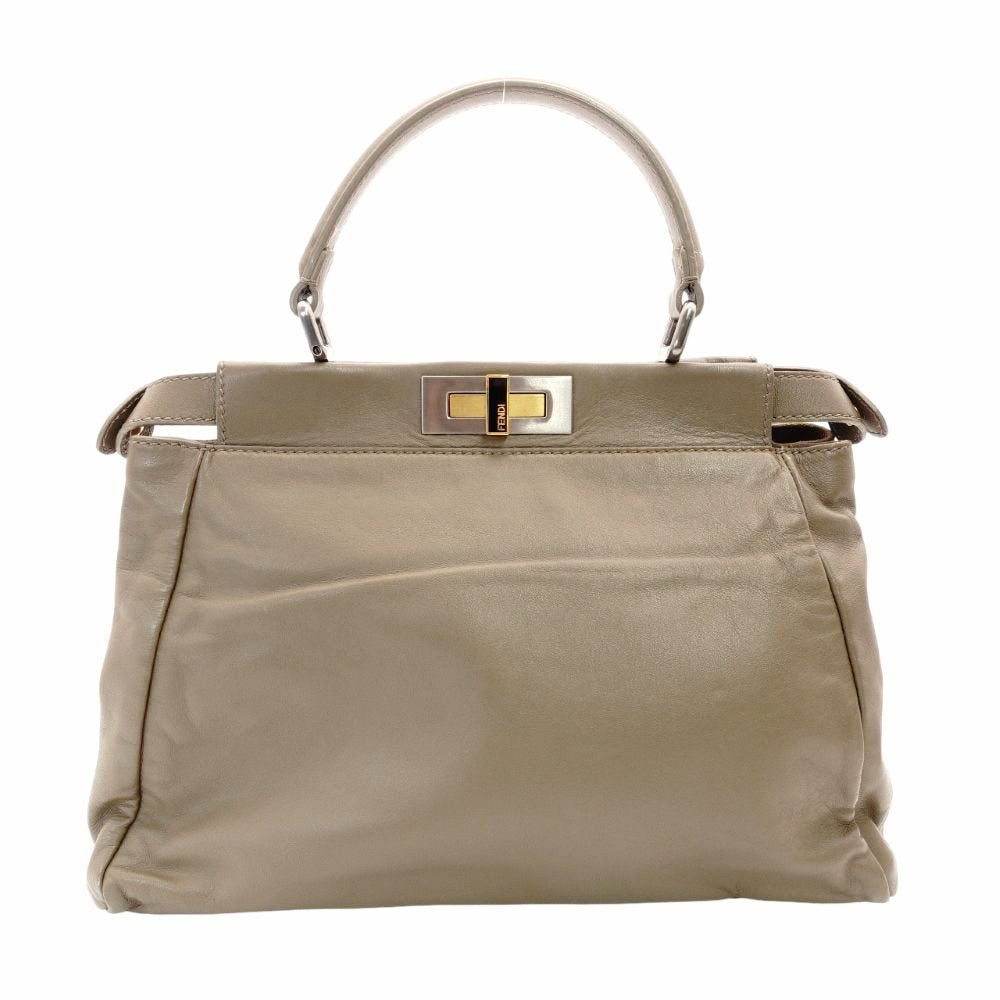 FENDI Peekaboo Handbag Greige 2-Way Shoulder Leather Gold Hardware R801609