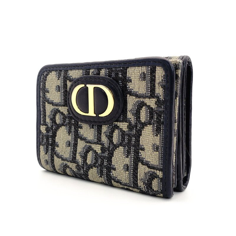 DIOR Trotter Tri-Fold Wallet Canvas Navy Mini Wallet Leather 7-9-423