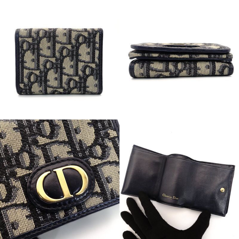 DIOR Trotter Tri-Fold Wallet Canvas Navy Mini Wallet Leather 7-9-423