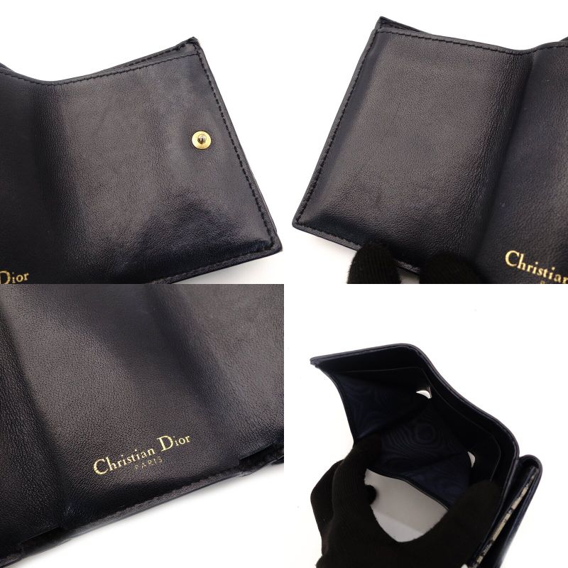 DIOR Trotter Tri-Fold Wallet Canvas Navy Mini Wallet Leather 7-9-423