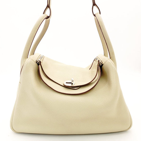HERMES Lindy 30 Handbag Leather Beige 2-Way Shoulder Bag □K Stamped Silver Hardware R801586