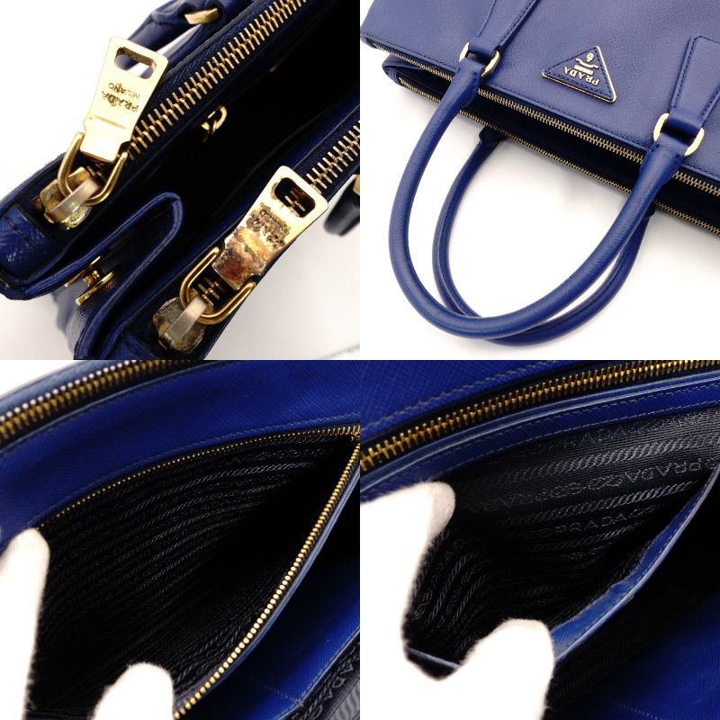 PRADA Galleria Handbag Blue Leather Blue Tote Gold Hardware R801418