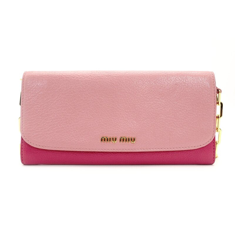 MIU MIU Chain Wallet Leather Pink Logo Shoulder Bag Gold Hardware 7-9-624