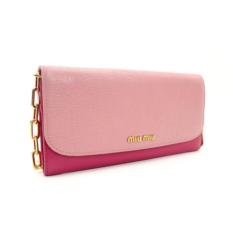 MIU MIU Chain Wallet Leather Pink Logo Shoulder Bag Gold Hardware 7-9-624