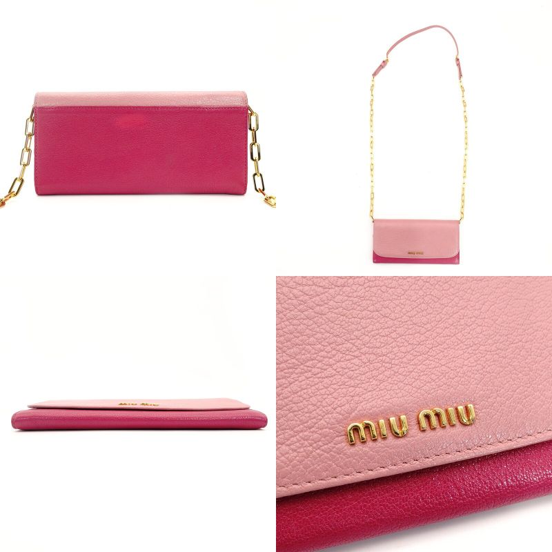 MIU MIU Chain Wallet Leather Pink Logo Shoulder Bag Gold Hardware 7-9-624