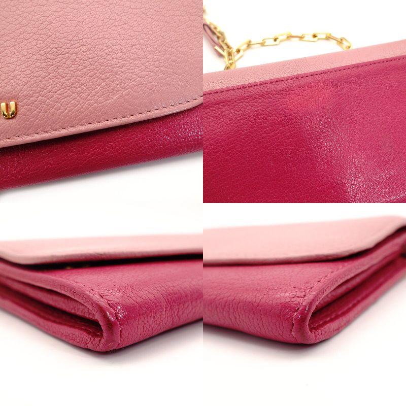 MIU MIU Chain Wallet Leather Pink Logo Shoulder Bag Gold Hardware 7-9-624