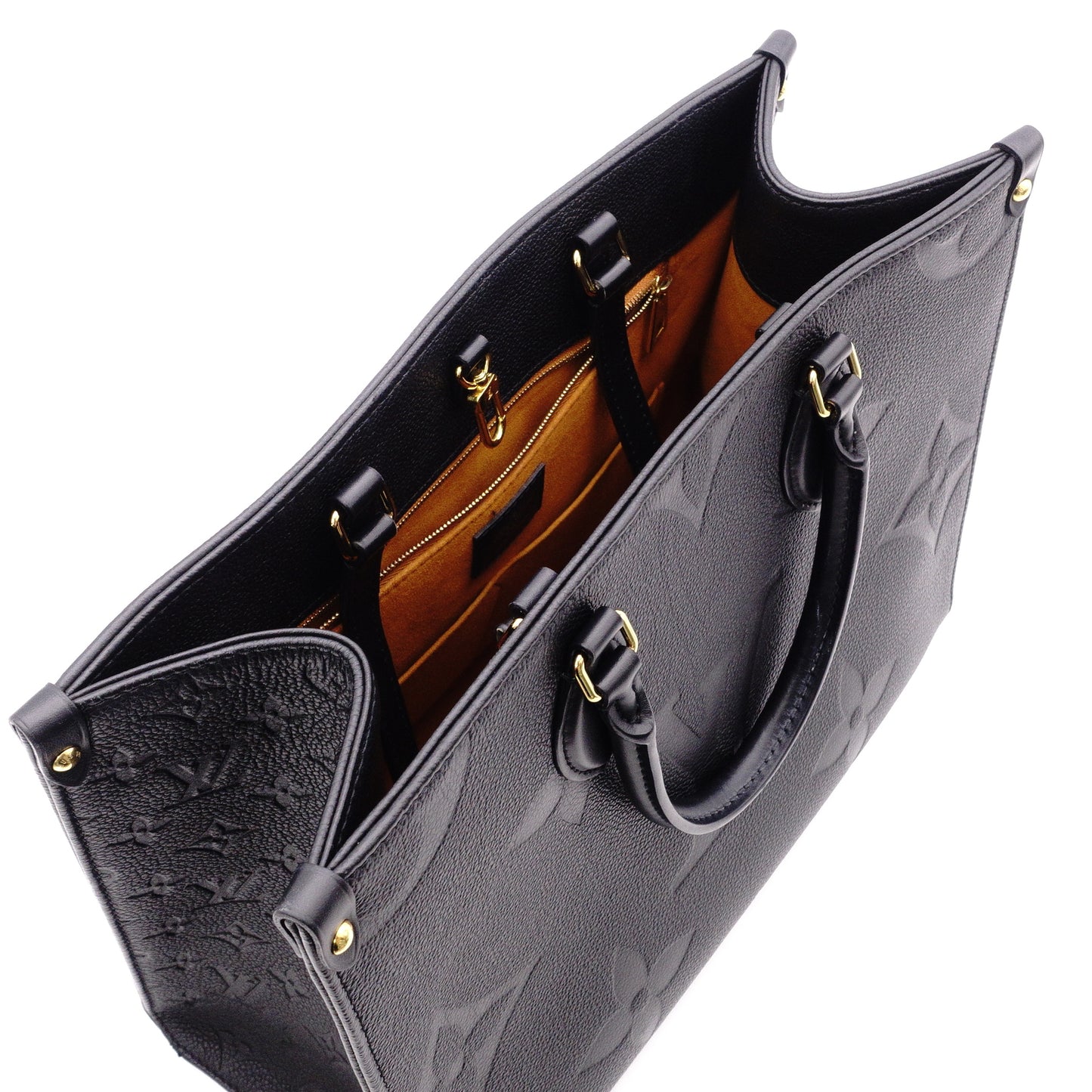 LOUIS VUITTON On the Go MM OTG Monogram Implant Handbag, Leather, Black, 2-Way