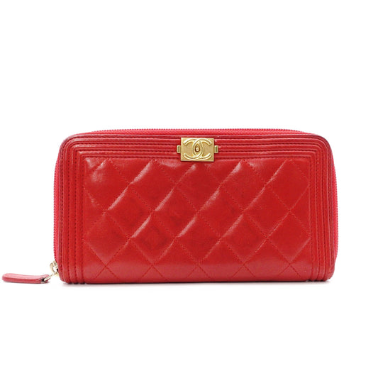 CHANEL Lambskin Boy Chanel Long Wallet, Leather, Red, Gold Hardware