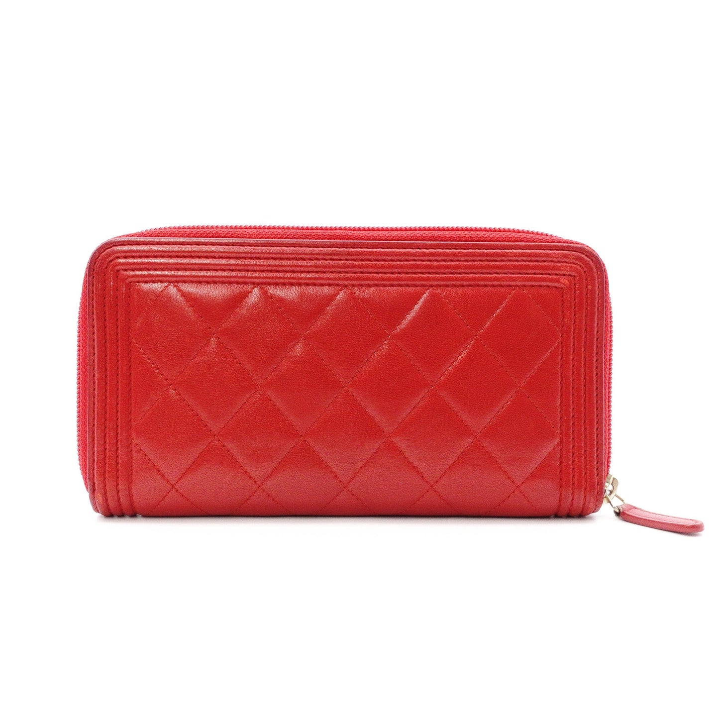 CHANEL Lambskin Boy Chanel Long Wallet, Leather, Red, Gold Hardware