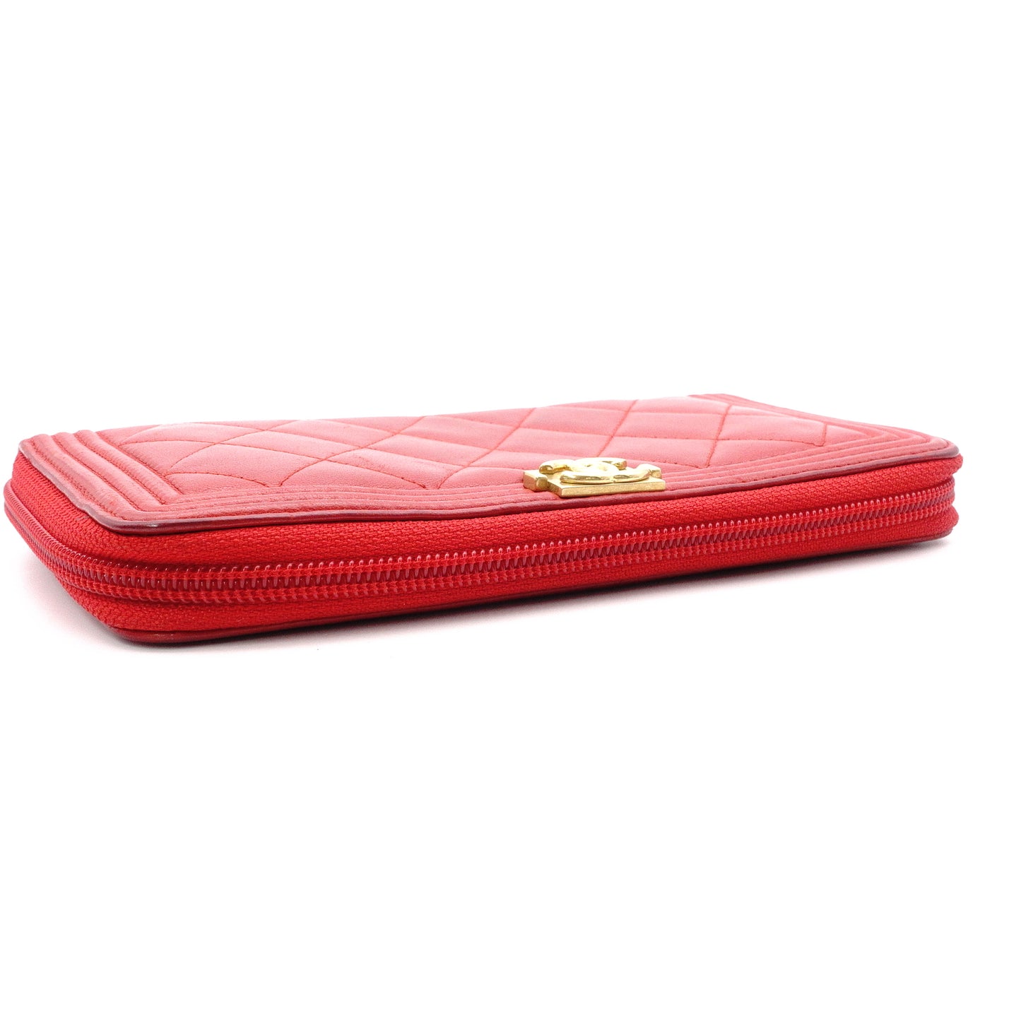 CHANEL Lambskin Boy Chanel Long Wallet, Leather, Red, Gold Hardware