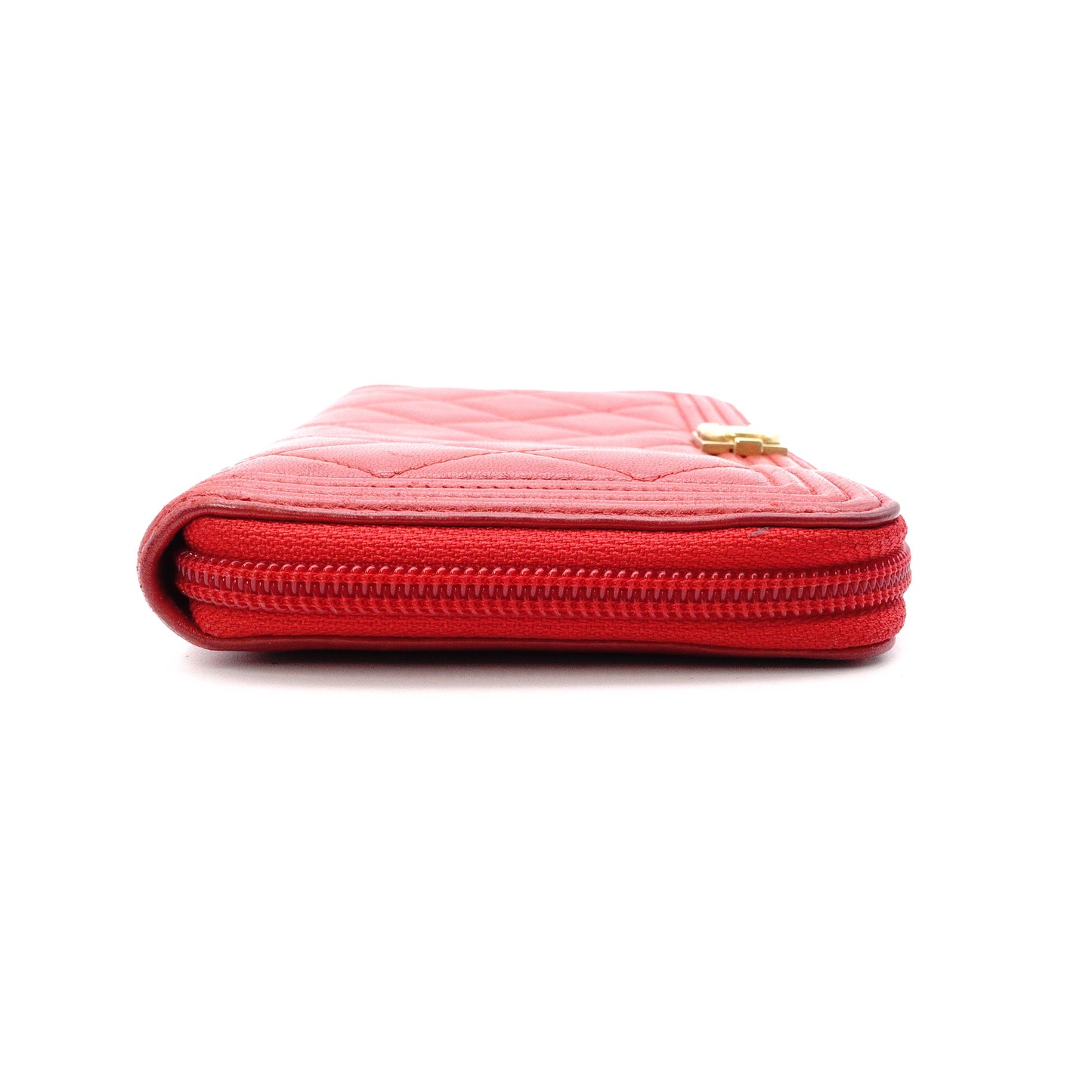 CHANEL Lambskin Boy Chanel Long Wallet, Leather, Red, Gold Hardware