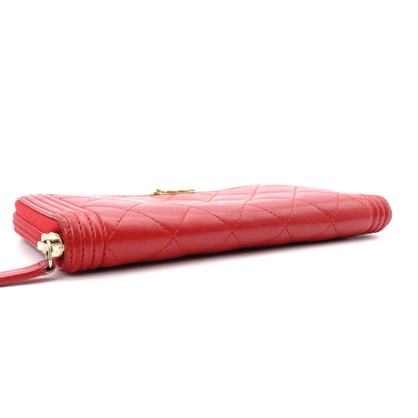 CHANEL Lambskin Boy Chanel Long Wallet, Leather, Red, Gold Hardware